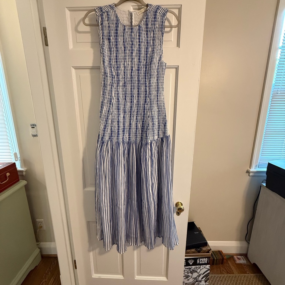 Marie Oliver Blue and White Striped Sleeveless Midi Dress